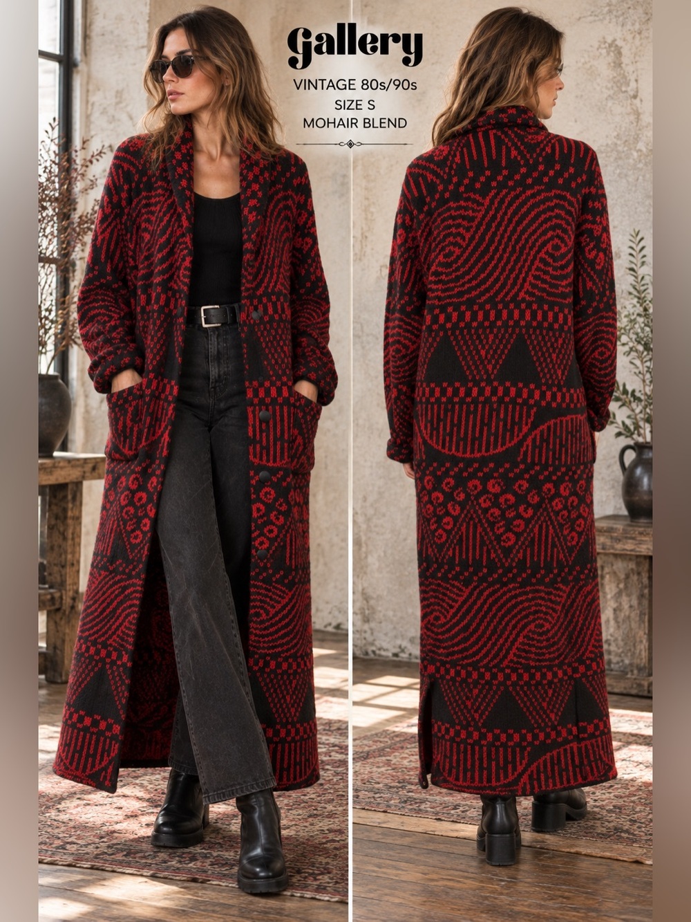 Gallery womens small vintage 80s 90s Mohair Wool Maxi Coatigan Red Black artwear